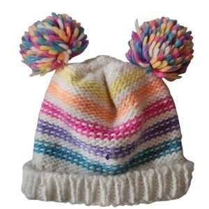Capelli New York Rainbow Striped Beanie Hat Double Pom Poms White baby
